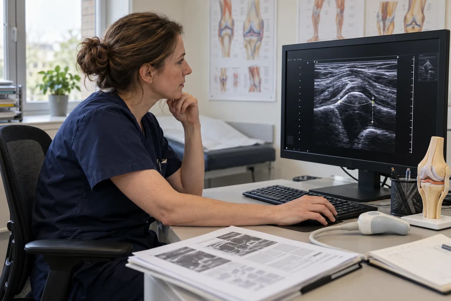 A clinician at a workstation reviewing an ultrasound image of a knee