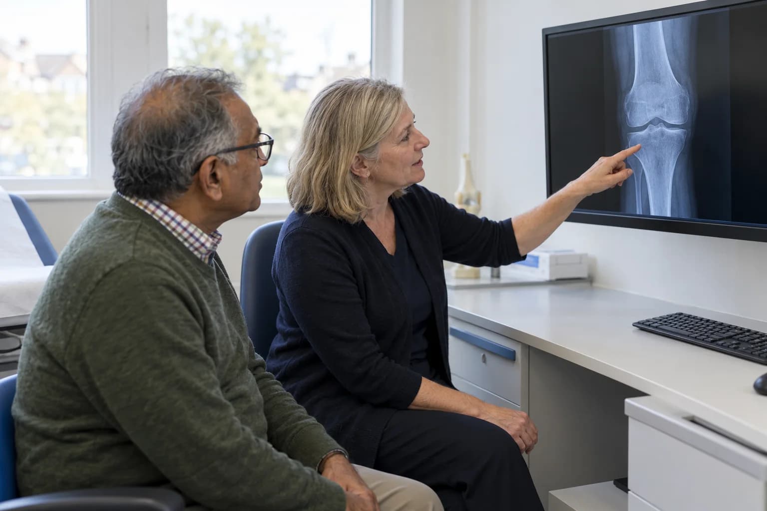 A clinician examining a patient’s knee in a consulting room