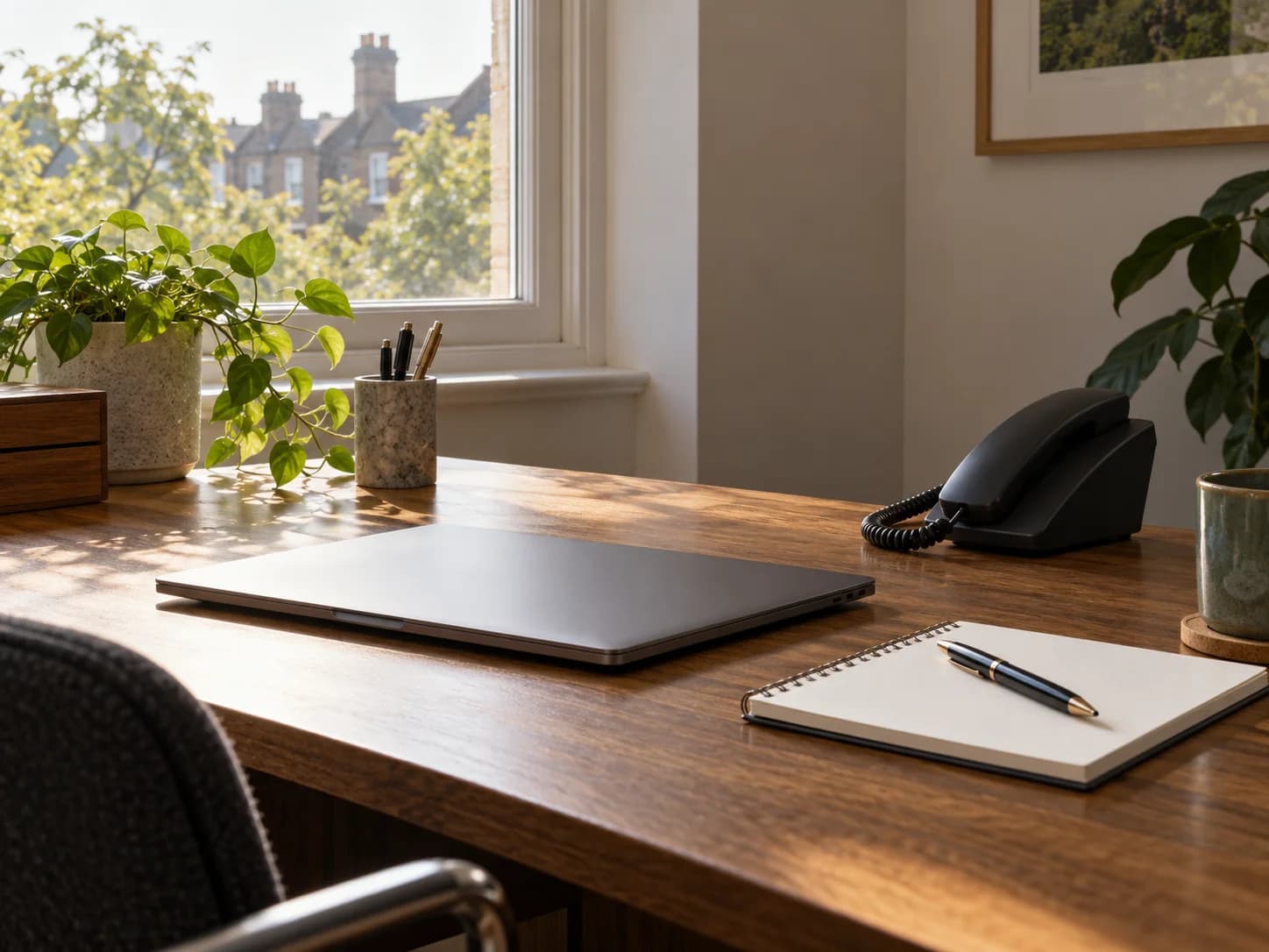 A tidy desk with a landline handset, a laptop and a notepad in morning light