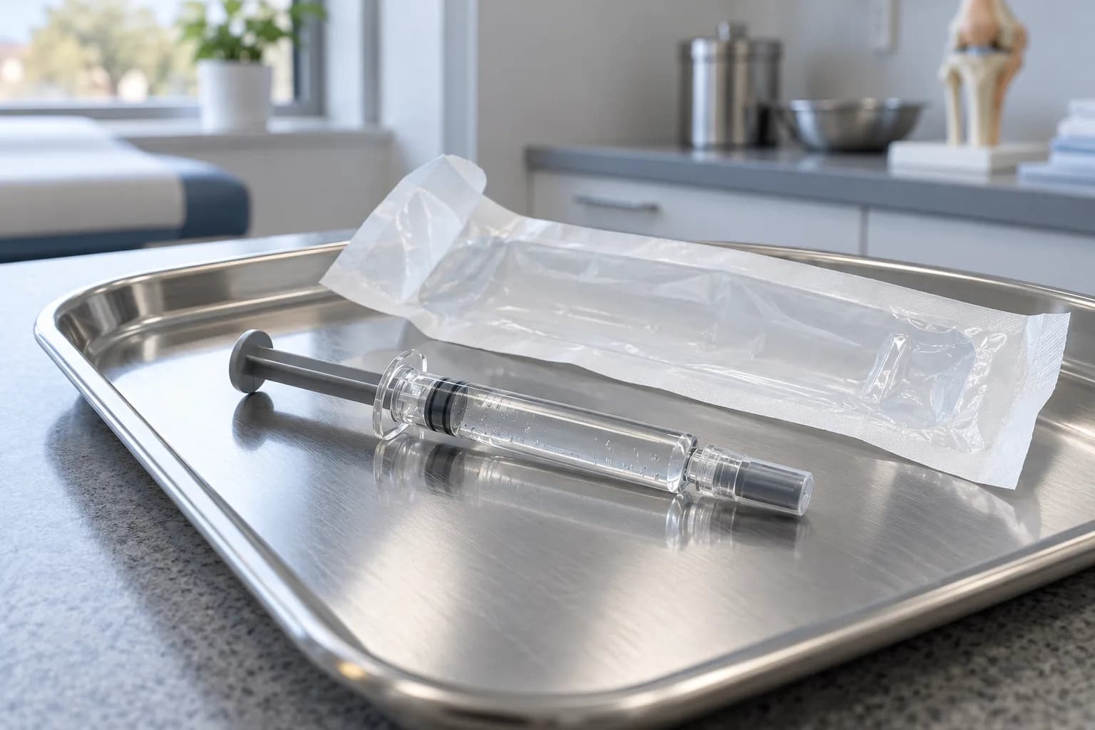 A sterile glass pre-filled syringe on a steel tray beside its opened peel pouch