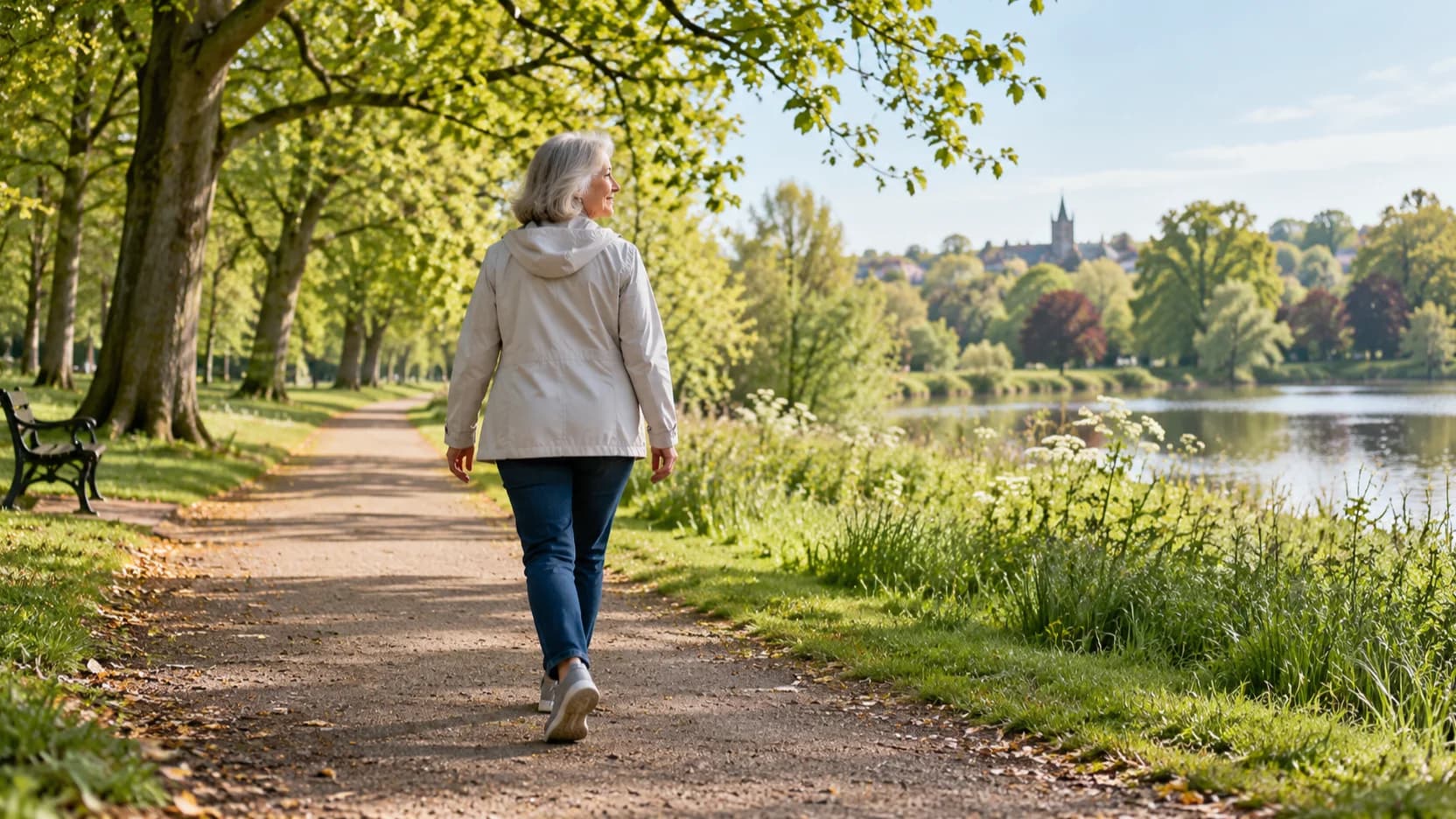 A woman walking along a tree-lined path beside a lake