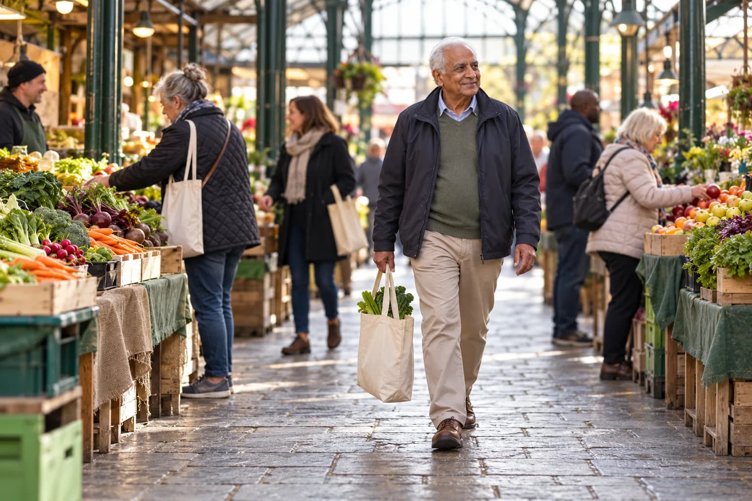 A man carrying a shopping bag through a covered market
