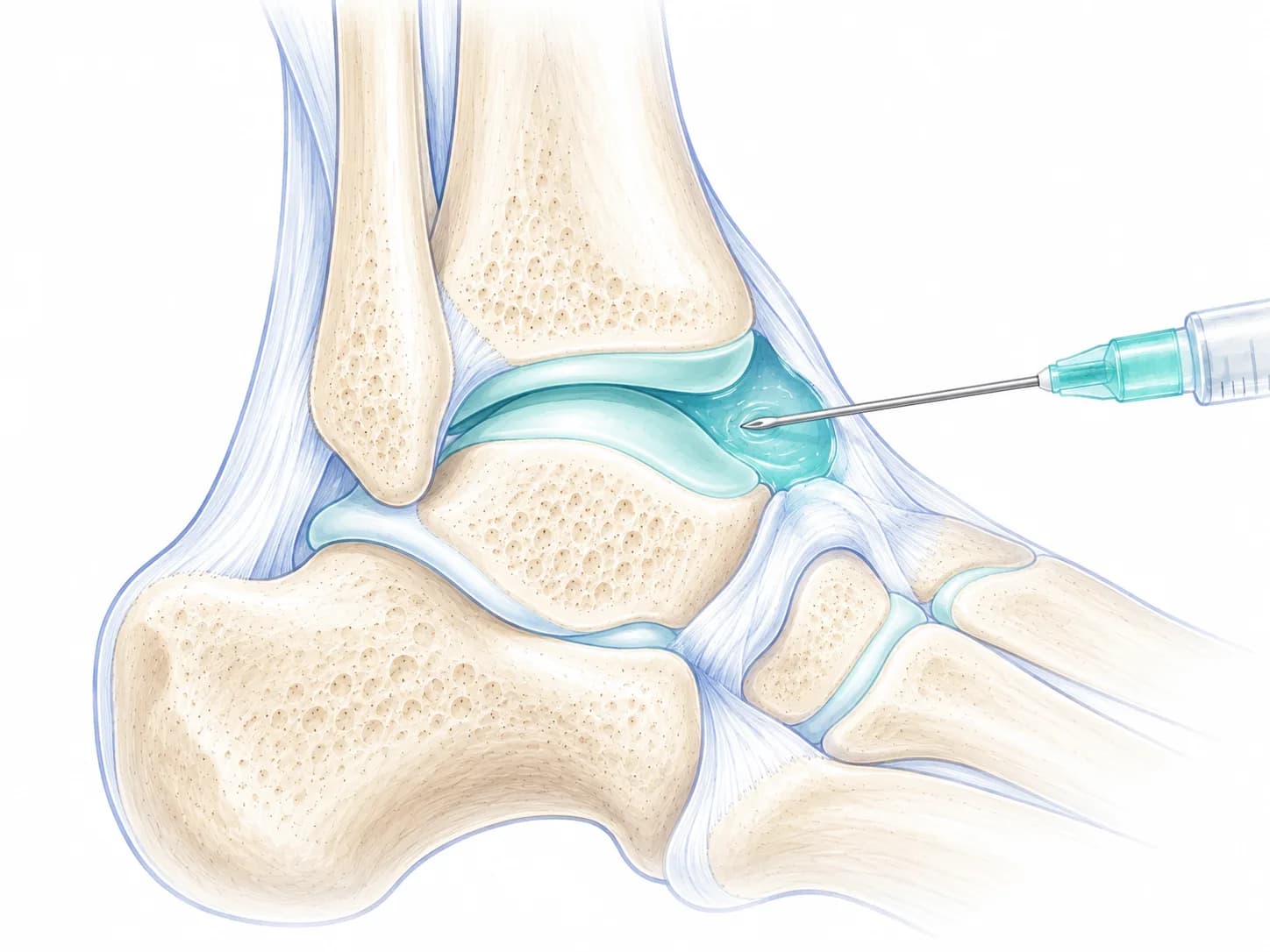 Illustration of the ankle joint from the side, with a needle placed into the joint space between the shin bone and the talus