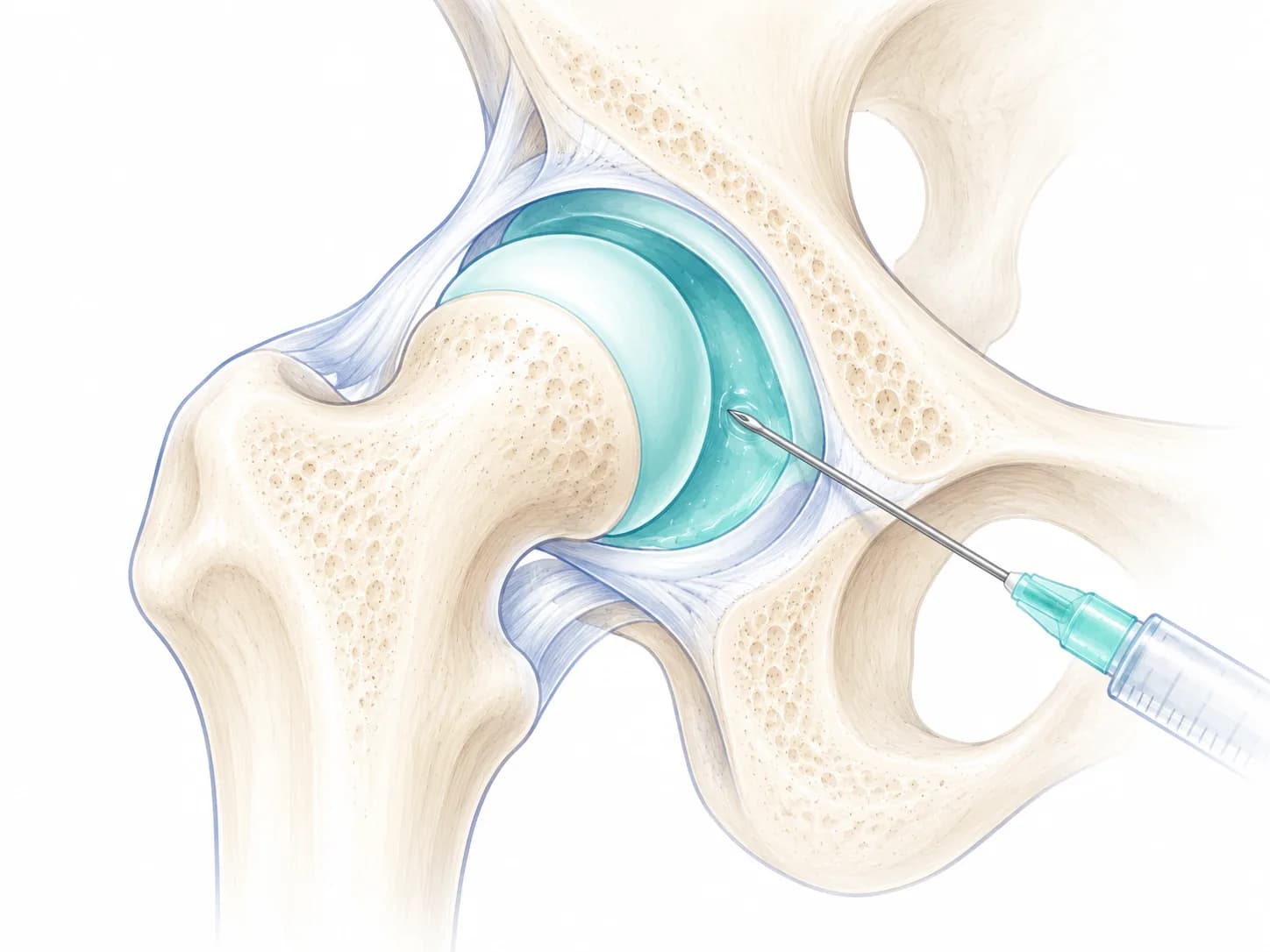 Illustration of the hip joint from the front, with a needle placed into the joint space between the ball of the femur and its socket
