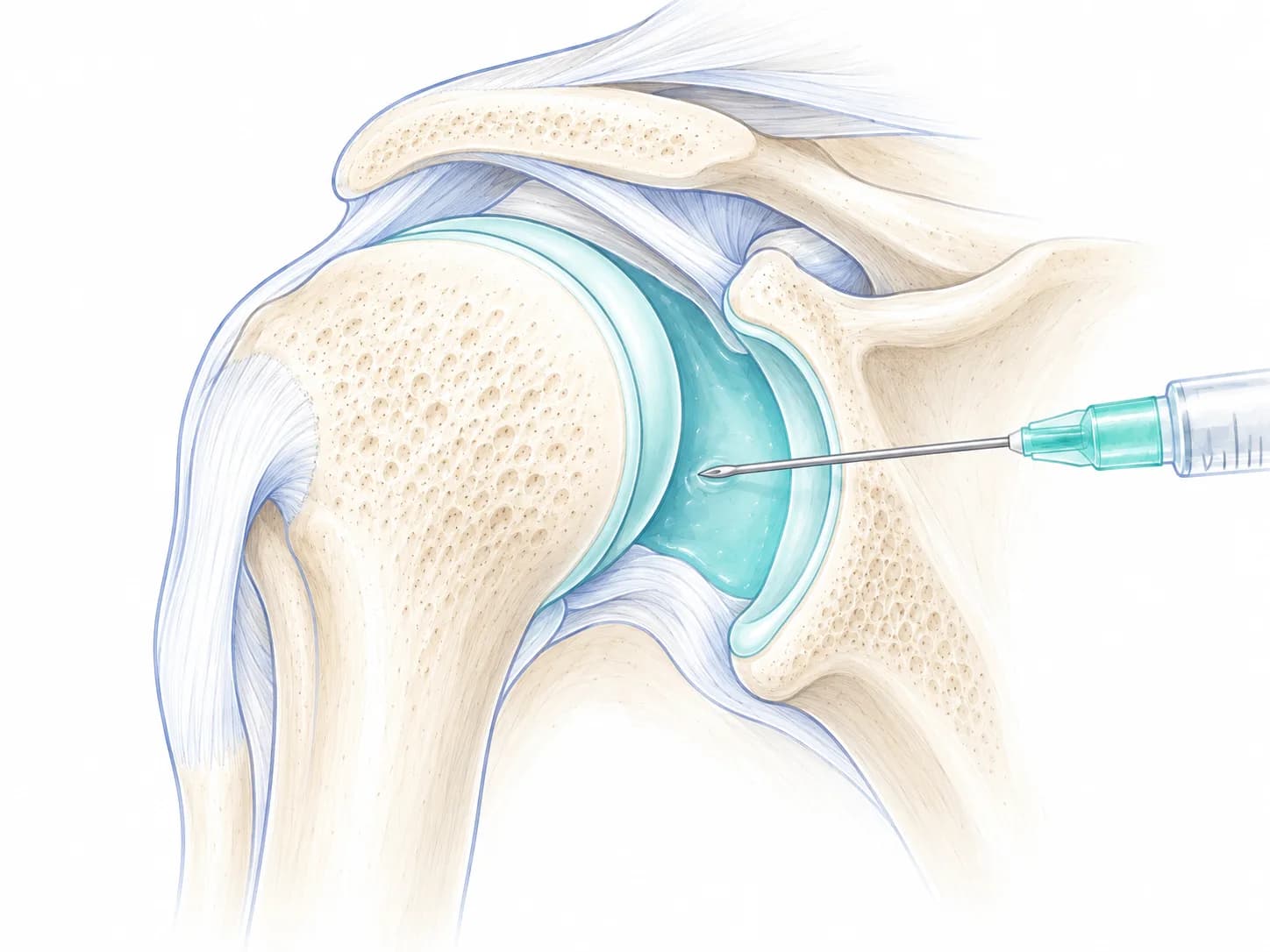 Illustration of the shoulder joint from the front, with a needle placed into the joint space between the head of the arm bone and the shoulder blade