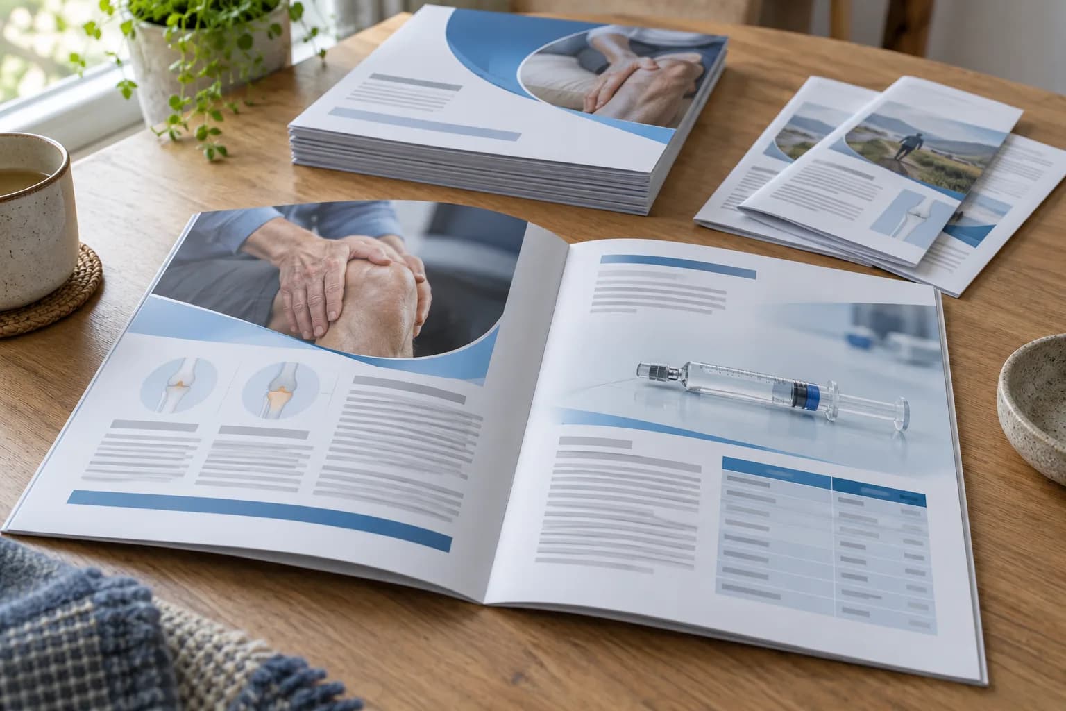 A printed product brochure open on a desk, with a stack of brochures and leaflets beside it