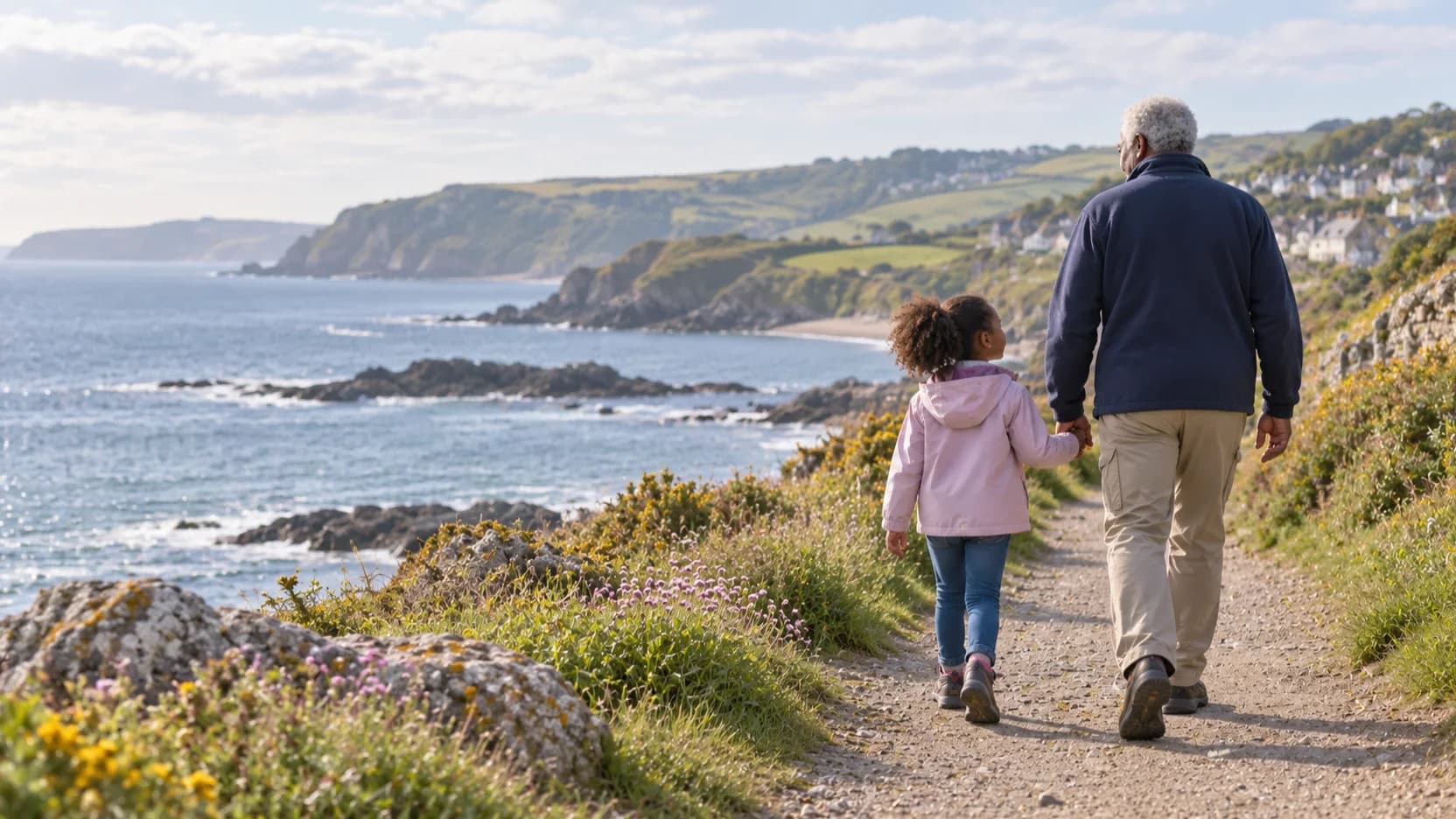 A man and his grandchild walking along a coastal path