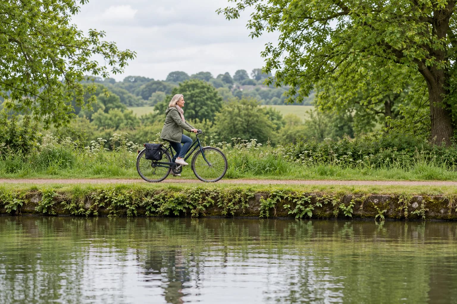 A patient cycling along a canal towpath