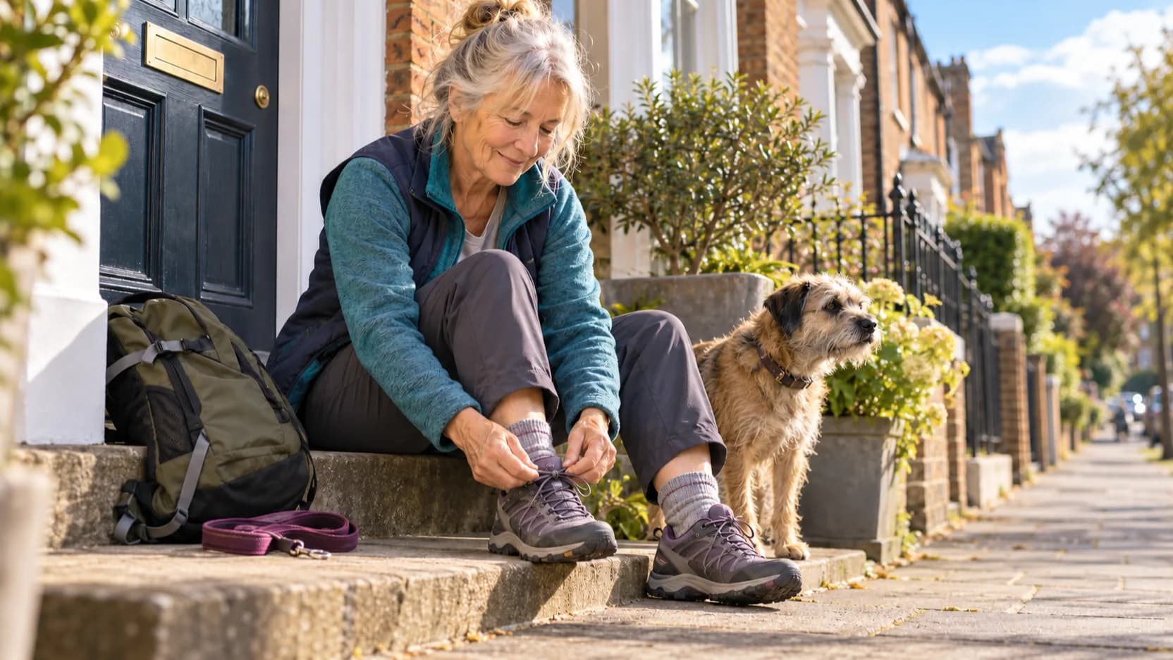 A woman lacing up walking shoes on her front step, with her dog waiting beside her